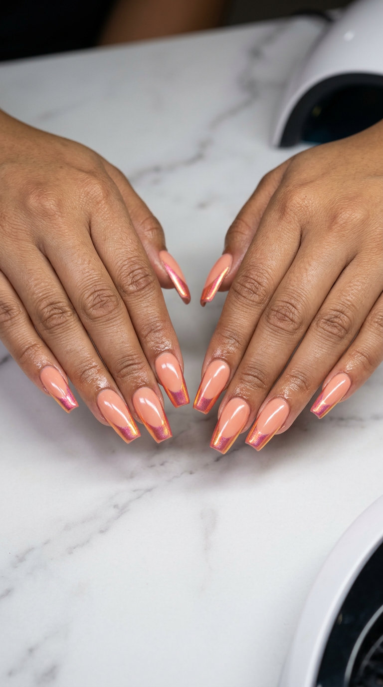 Sunset Chrome French nails for shell summer nails 2026: peach base with shifting chrome tips.