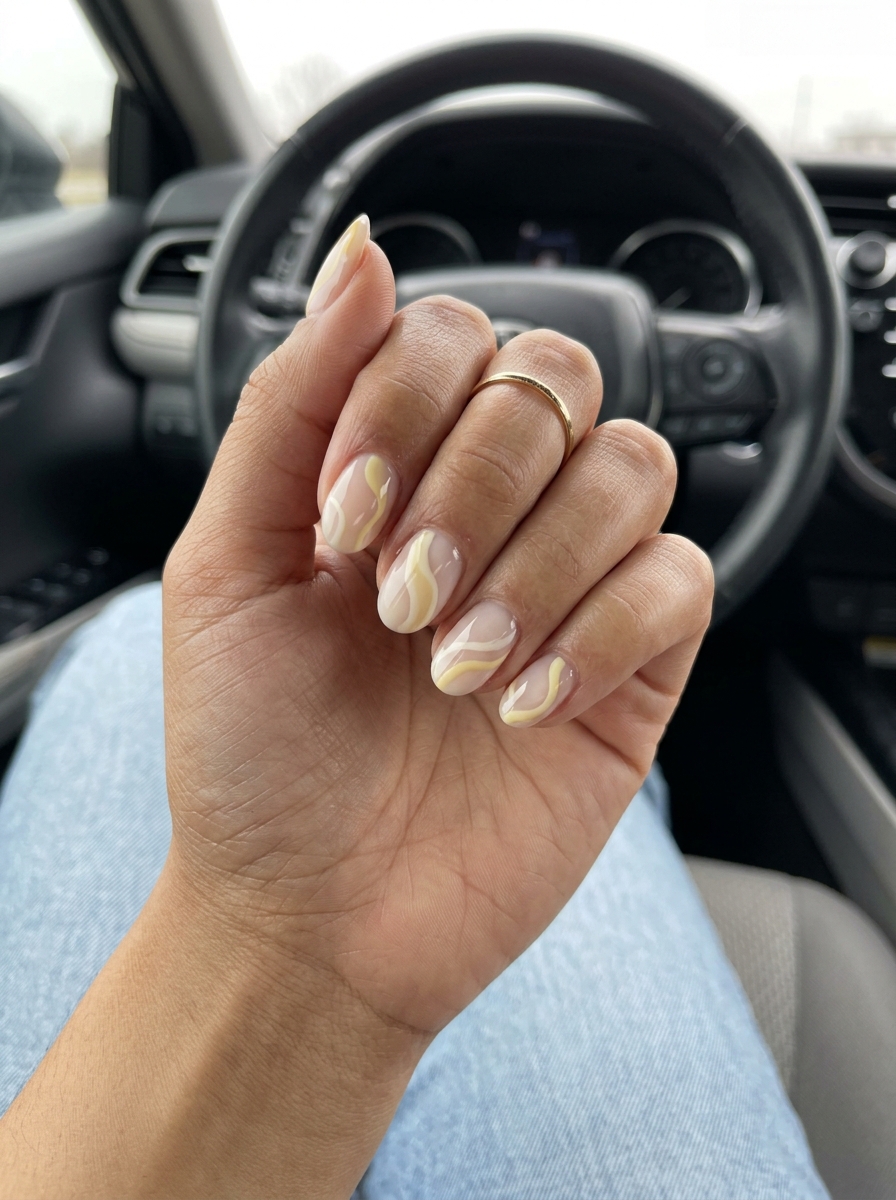 Short oval summer nails 2026: Artistic Swirl Buttercup for playful vacation vibes.