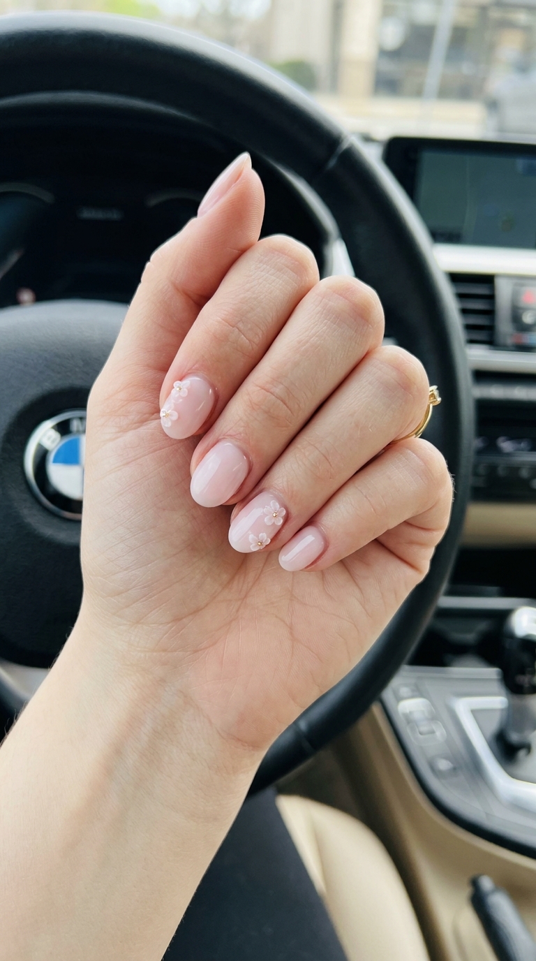 Blooming Garden Charms nails: milky pink with pastel floral charms for whimsical summer 2026 events.