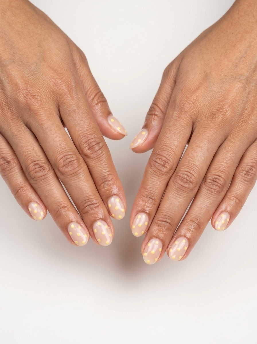 Lemonade Dot Delight Oval nails: sheer nude base with butter yellow dots for cheerful summer 2026 casual looks.