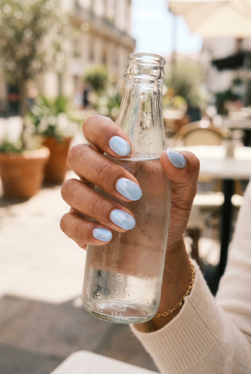 Short oval summer nails 2026: Light Blue Pearlescent Summer Glow for romantic evenings.