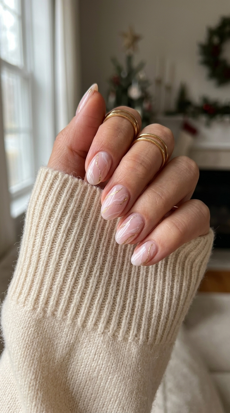Short oval summer nails 2026: Elegant milky pink with white marble swirls and gold foil accents.