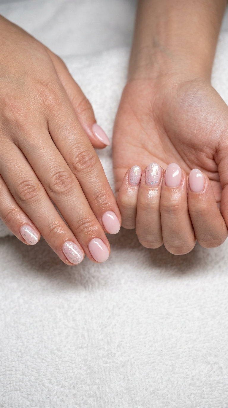Short oval summer nails 2026: Milky Pink Subtle Chrome Flake Accent for glamorous events.