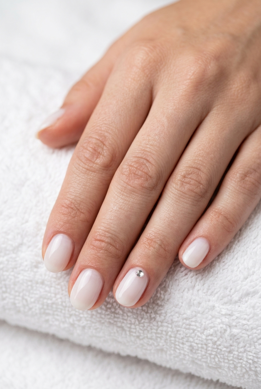 Short oval summer nails 2026: Minimalist Sparkle Oval with a single rhinestone accent.