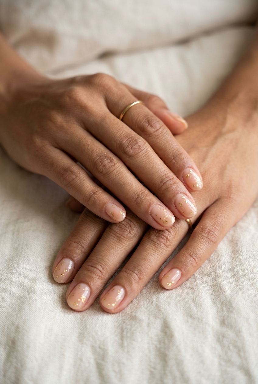 Short oval summer nails 2026: Sheer Nude Oval with Gold Flakes for elegant events.