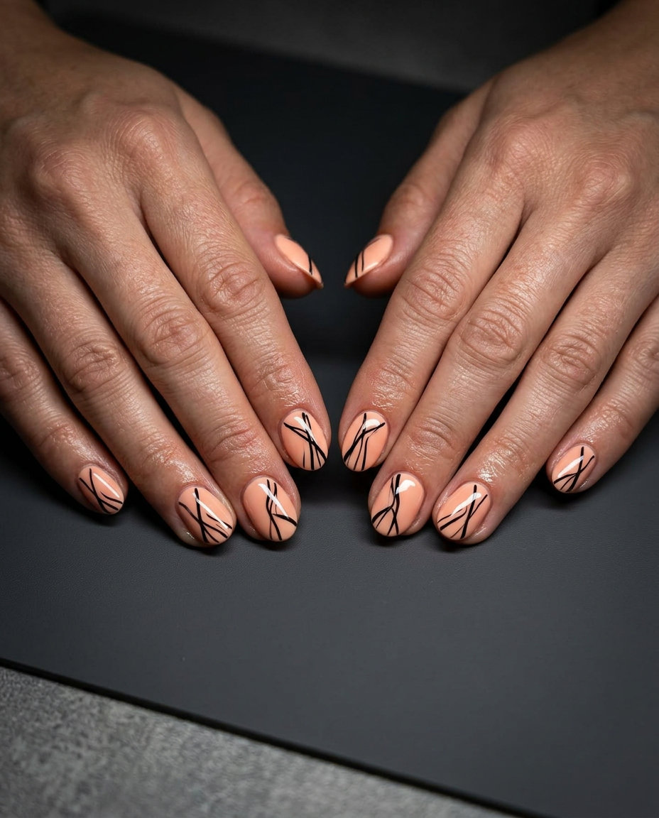 Short oval summer nails 2026: Peach Fuzz Abstract Line Art for edgy, modern looks.