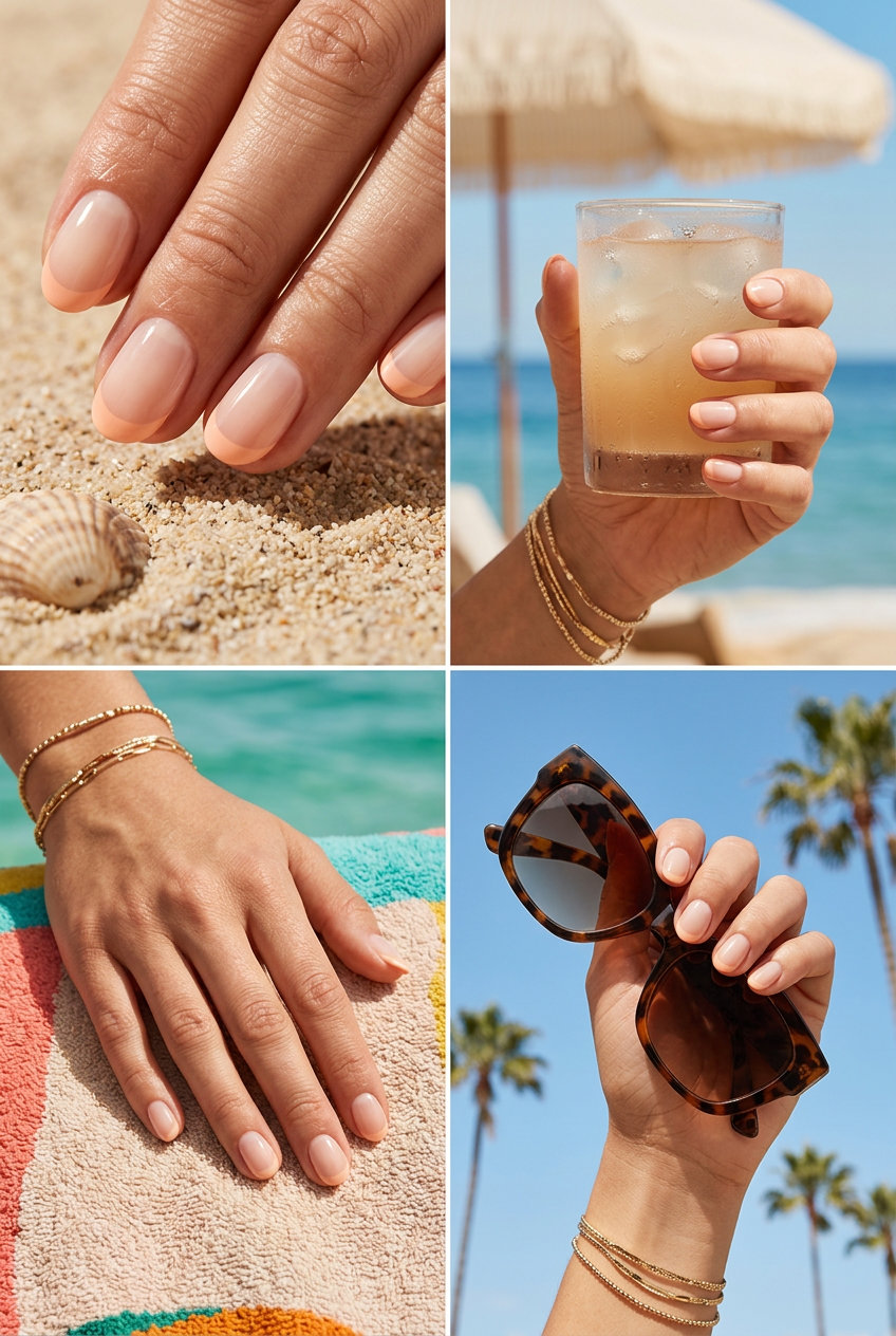 Soft Peach Micro French Oval nails: sheer nude base with ultra-thin peach French tips. Perfect for summer 2026.