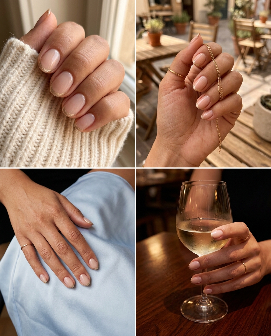 Short oval summer nails 2026: Subtle shimmer French tips on sheer nude base for work or wedding guest.