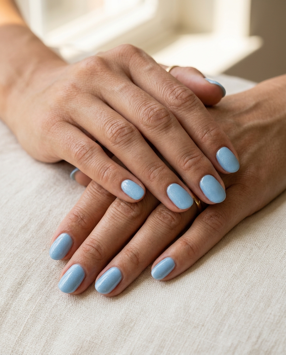 Short oval summer nails 2026: Refreshing light sky blue with subtle shimmer and glossy finish.