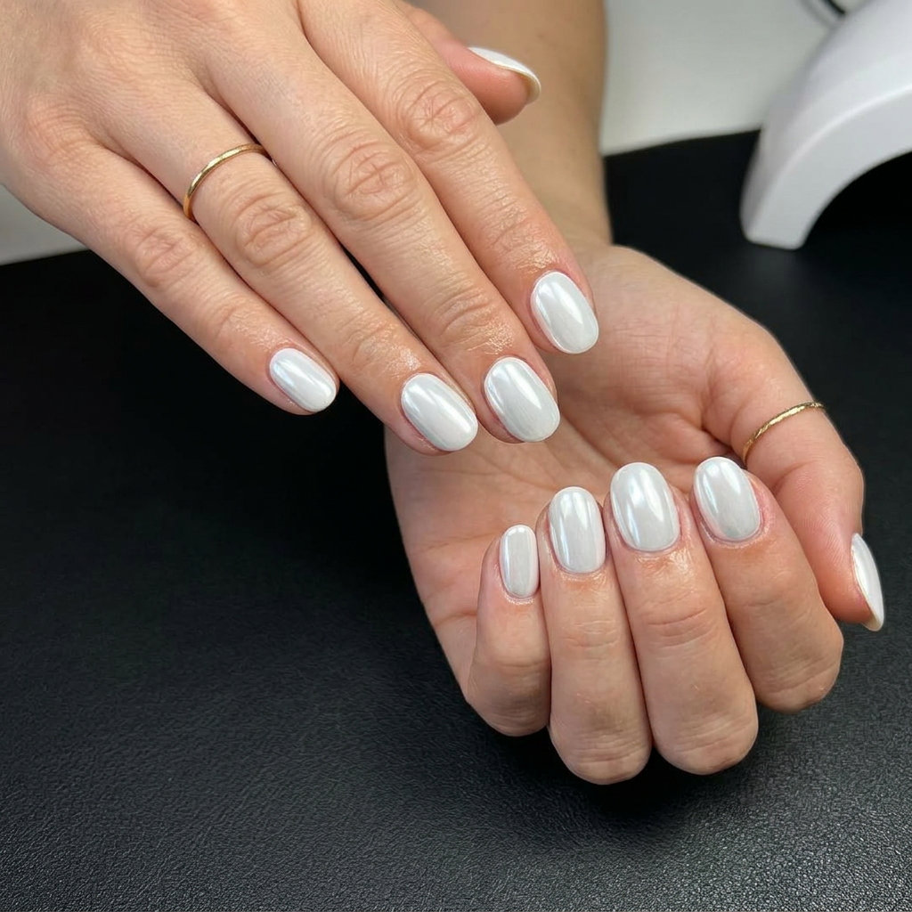 Arctic Chrome French Nails 2026: Futuristic Party Style Short round summer nails 2026: Futuristic Arctic Chrome Mirror French for parties and night outs.