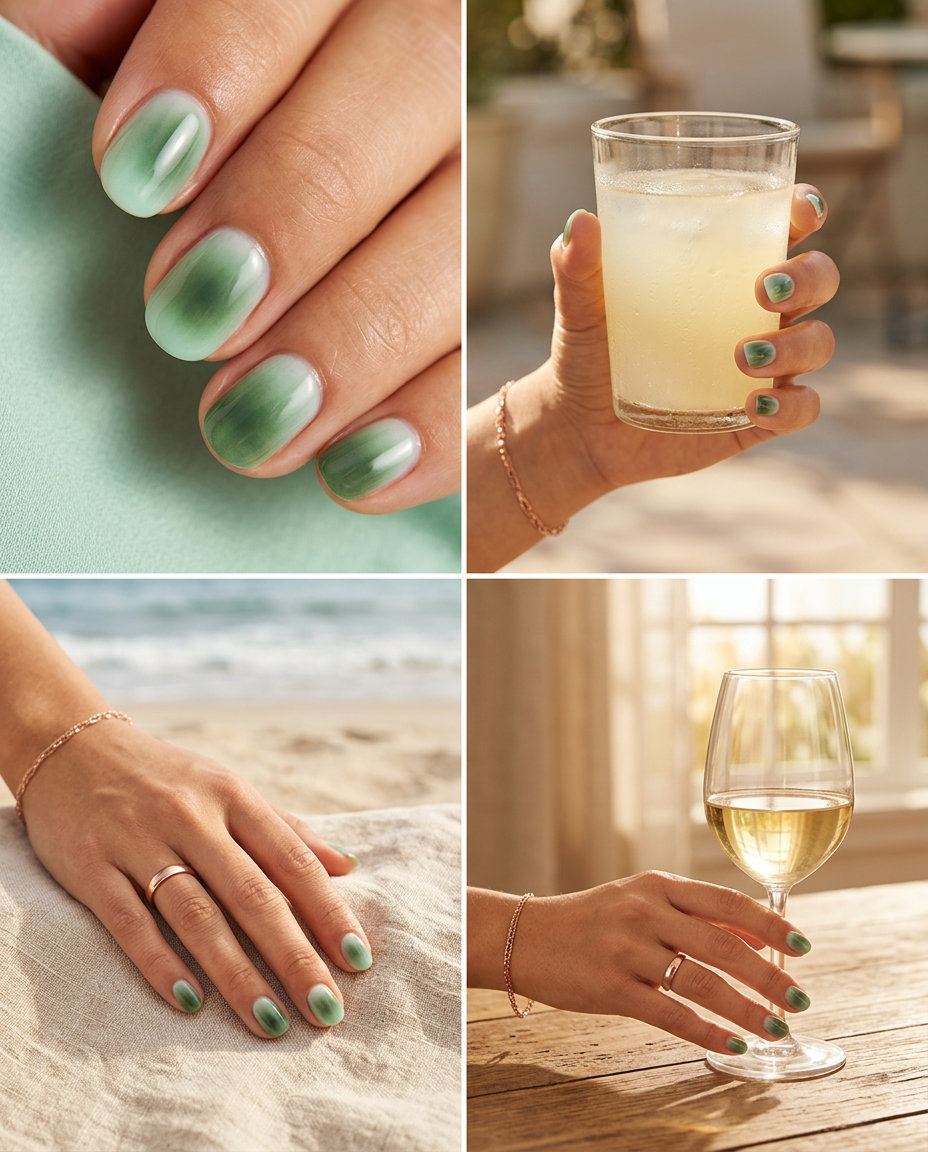 Short Round Summer Nails 2026: Aura Green Gradient Short round summer nails 2026: Aura green gradient from mint to moss green. Calm, ethereal style for daily wear.