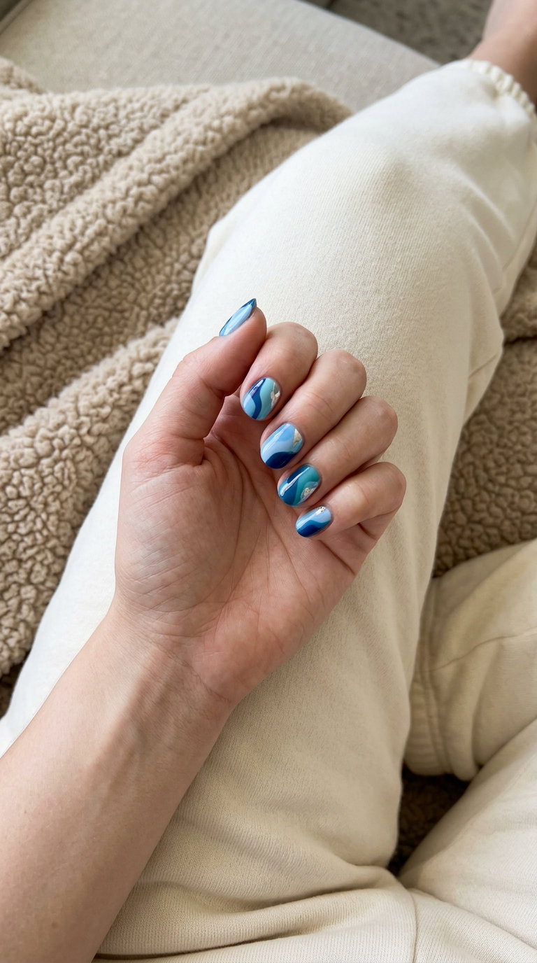 Short Round Summer Nails 2026: Blue Waves Short round summer nails 2026: Blue abstract color block waves in sky blue, navy, teal with white accents. Edgy festival style.