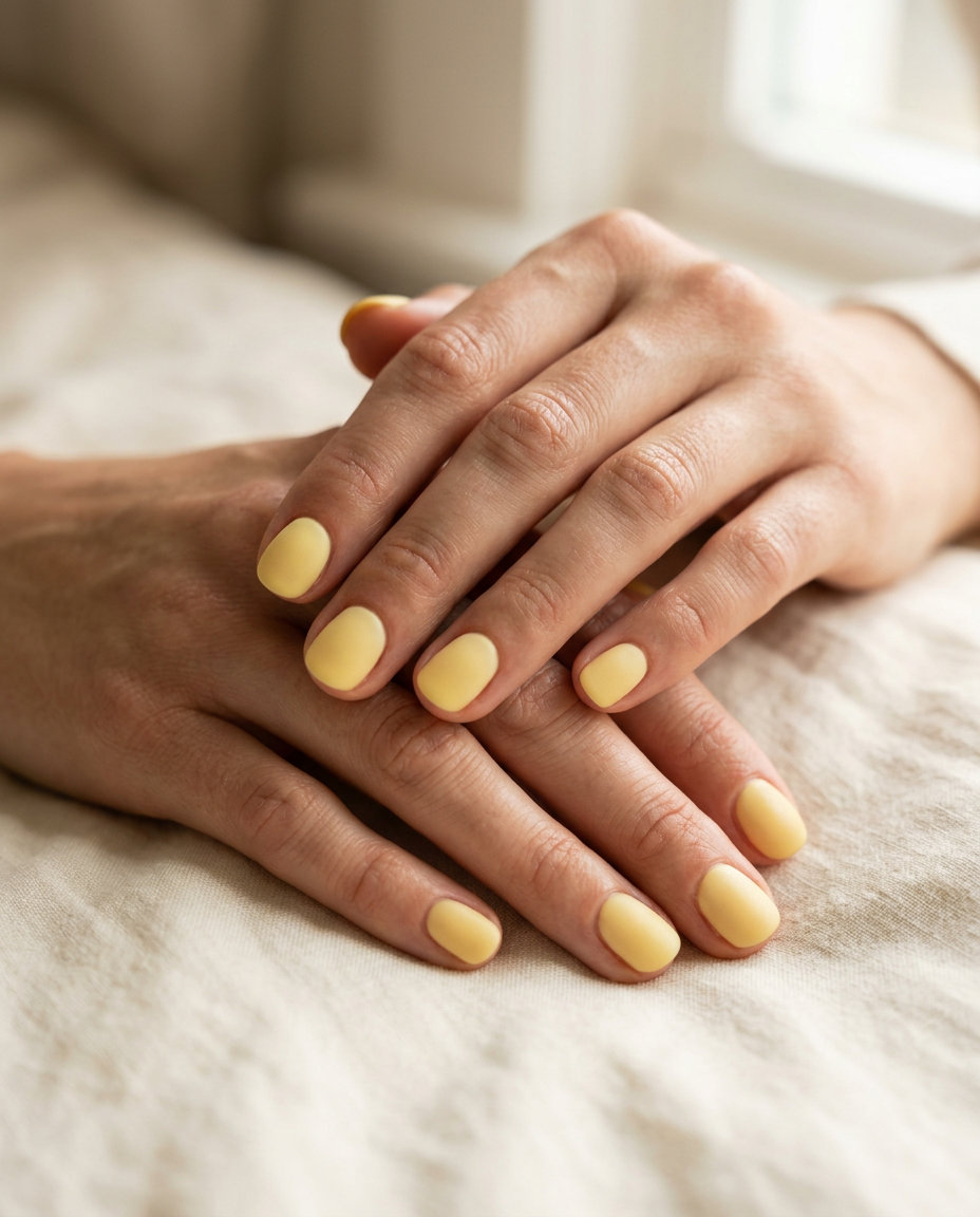 Butter Yellow Matte Nails 2026: Chic Work Style Short round summer nails 2026: Sophisticated butter yellow matte glaze for daily wear and work.