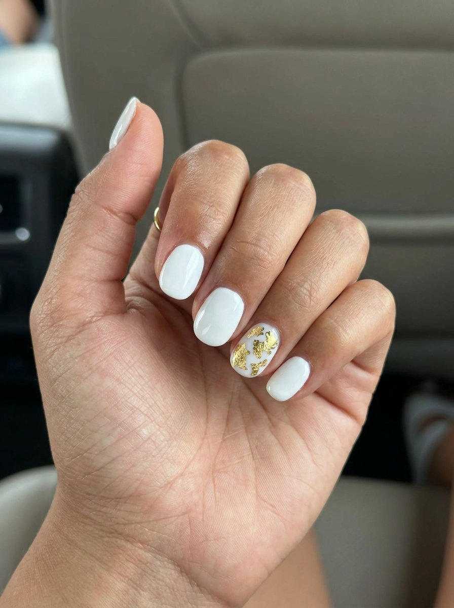 Short Round Summer Nails 2026: Gilded White Short round summer nails 2026: Gilded white with antique gold leaf accents. Sophisticated, elegant style for weddings.
