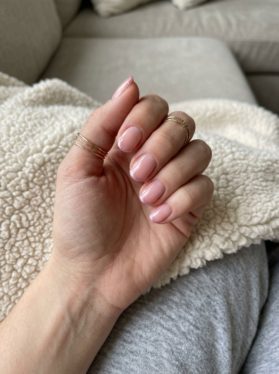 Short round summer nails 2026: Glamorous sheer pink micro French with glitter sparkle for parties.