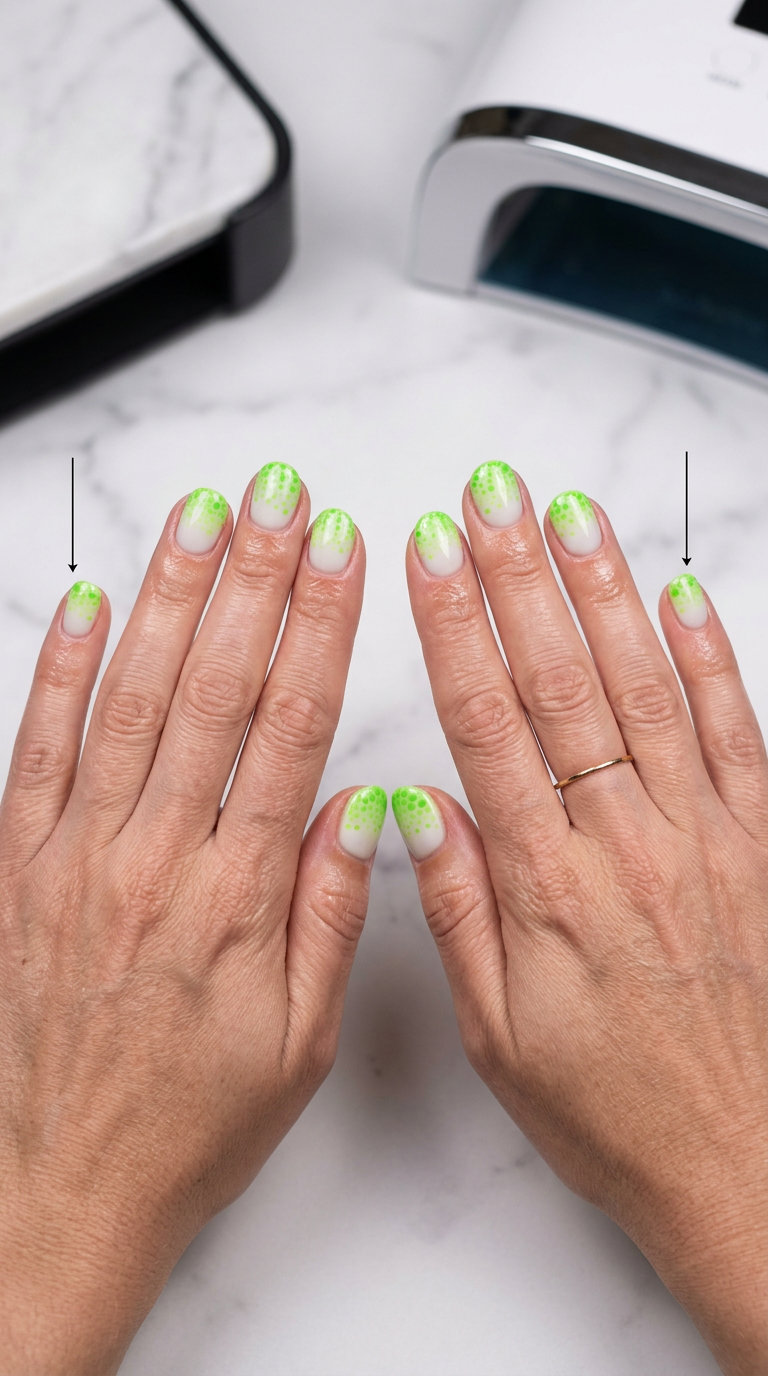 Gradient Lime Dots Short Round Summer Nails 2026 Short round summer nails 2026: Gradient lime dots on sheer milky base for festivals & casual outings.
