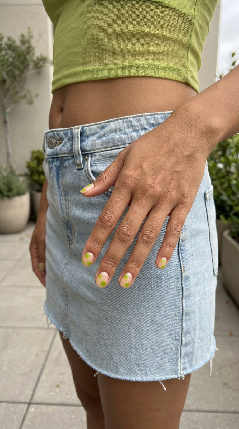 Lime Jelly Dot Nails 2026: Whimsical Festival Style Short round summer nails 2026: Whimsical lime jelly abstract dots for festivals and parties.