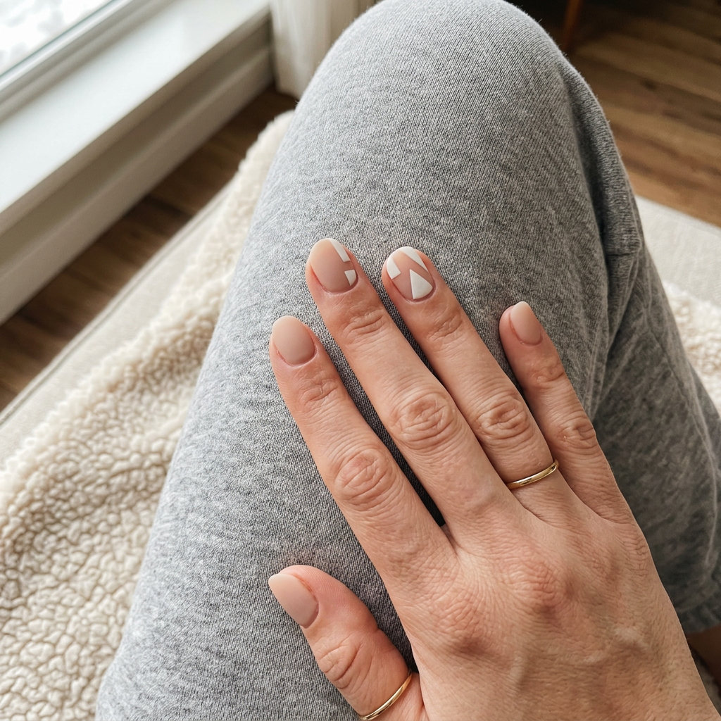 Matte White Geo Short Round Summer Nails 2026 Short round summer nails 2026: Matte white negative space geo for daily, work, minimalist chic.