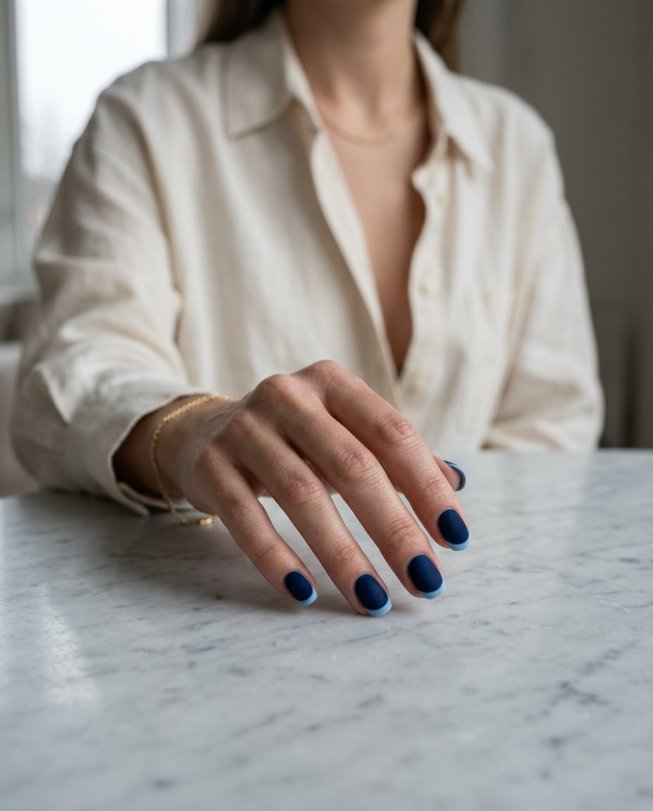 Midnight Blue Velvet Nails 2026: Elegant Evening Style Short round summer nails 2026: Sophisticated midnight blue velvet French tip for evening events.