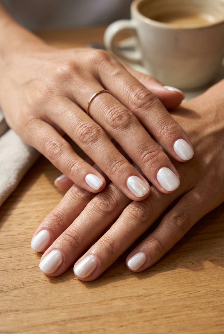 Pearlescent Accent Short Round Summer Nails 2026 Short round summer nails 2026: White pearlescent accent for weddings, showers & business.