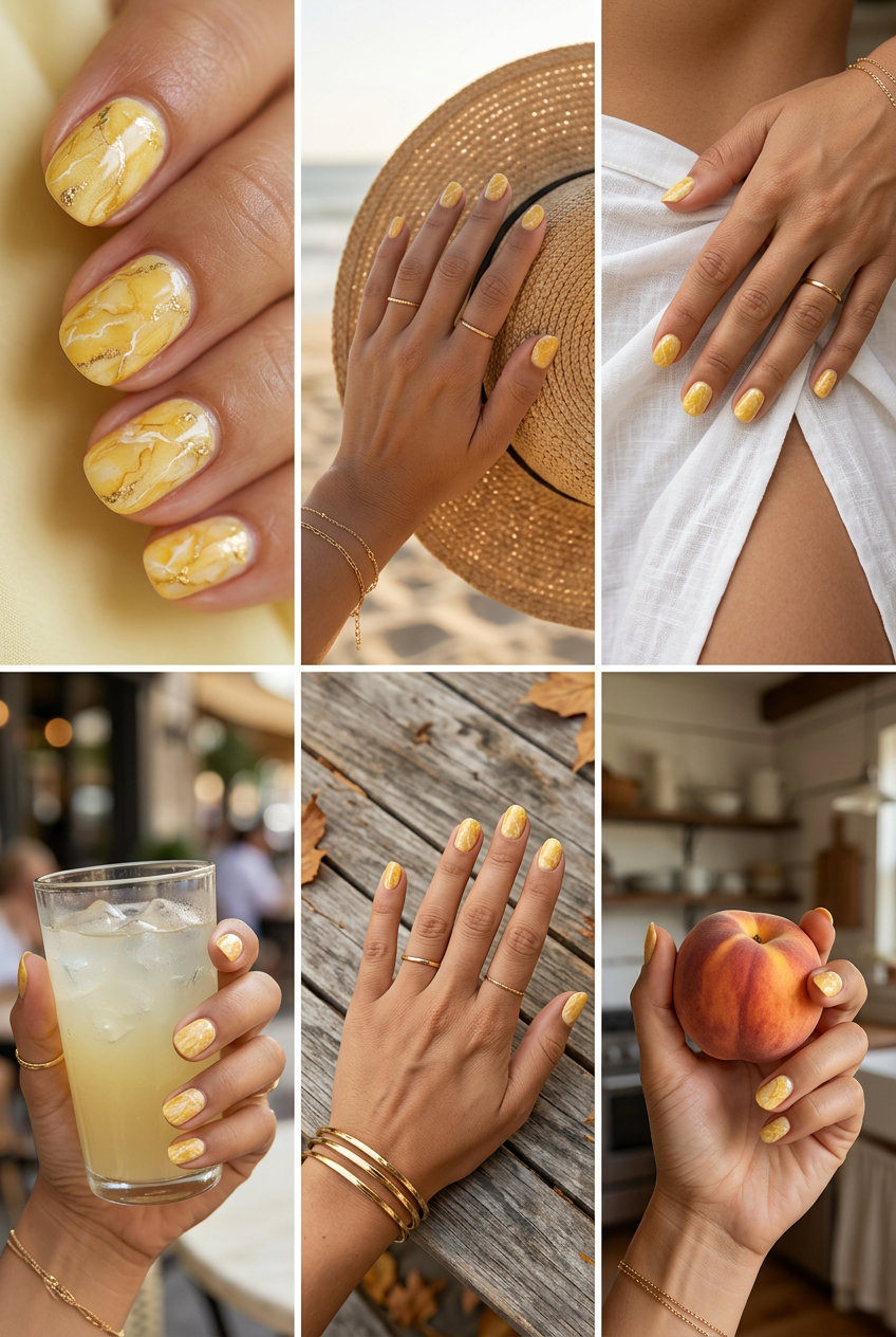 Short Round Summer Nails 2026: Yellow Marble Short round summer nails 2026: Textured yellow marble swirls with white veins and gold accents. Bohemian vacation style.