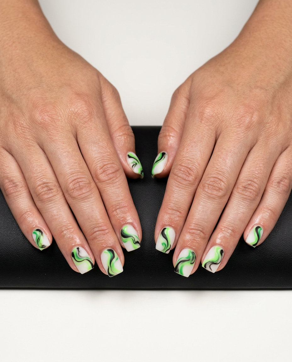 Abstract Neon Marble Nails 2026 Abstract Neon Marble nails are a bold short summer nail idea for 2026. Perfect for parties.