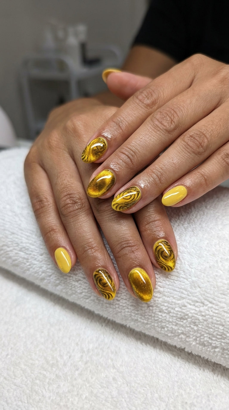 Enchanting Butter Yellow Cat-Eye Swirl Nails 2026 Short summer nail ideas 2026: Mystic butter yellow cat-eye swirl nails for date nights.