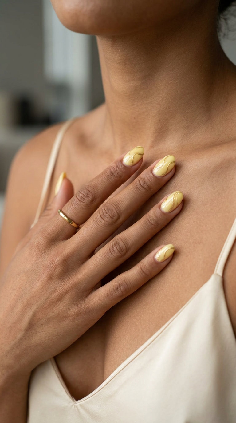 Elegant Butter Yellow Shimmer Swirl Nails 2026 Short summer nail ideas 2026: Butter yellow shimmer swirl almond nails for casual wear and brunch.