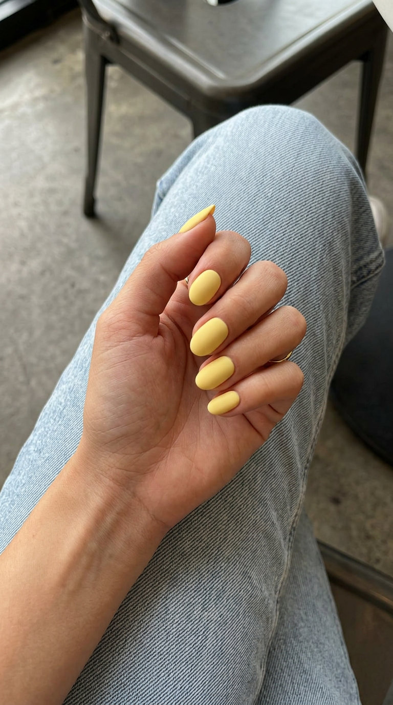 Butter Yellow Velvet Matte Nails 2026 Butter Yellow Velvet Matte Chic nails are a sophisticated short summer nail idea for 2026. Chic and cheerful.
