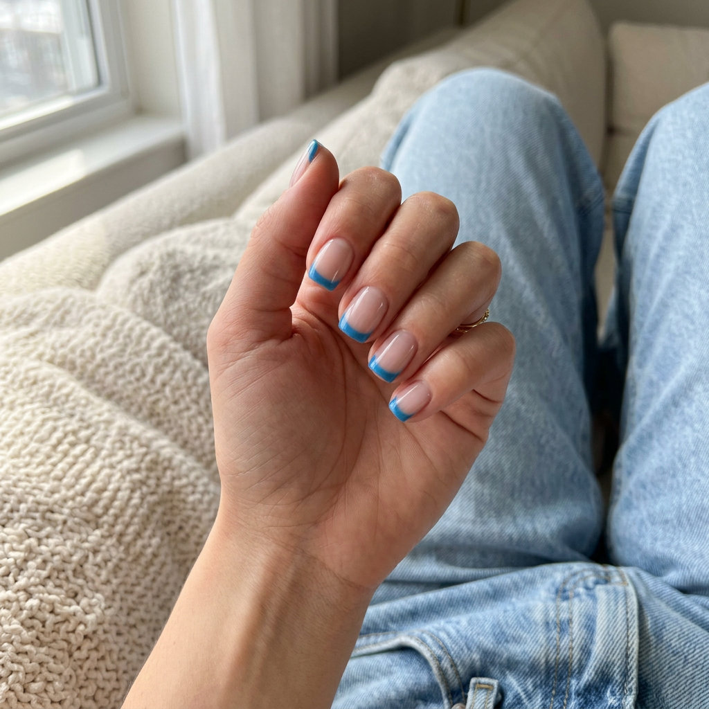 Retro Cerulean Blue Half Moon Nails 2026 Short summer nail ideas 2026: Cerulean blue half moon retro gel nails for date night and festivals.
