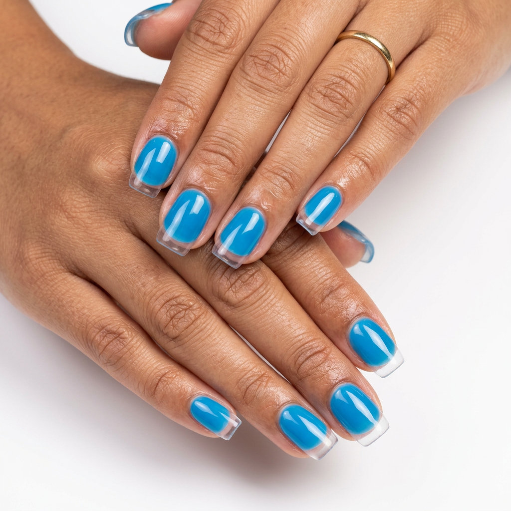 Cerulean Jelly French Nails 2026: Summer Vacation Cerulean blue jelly French short nails 2026: Translucent blue jelly with a clear French tip for summer vacation.
