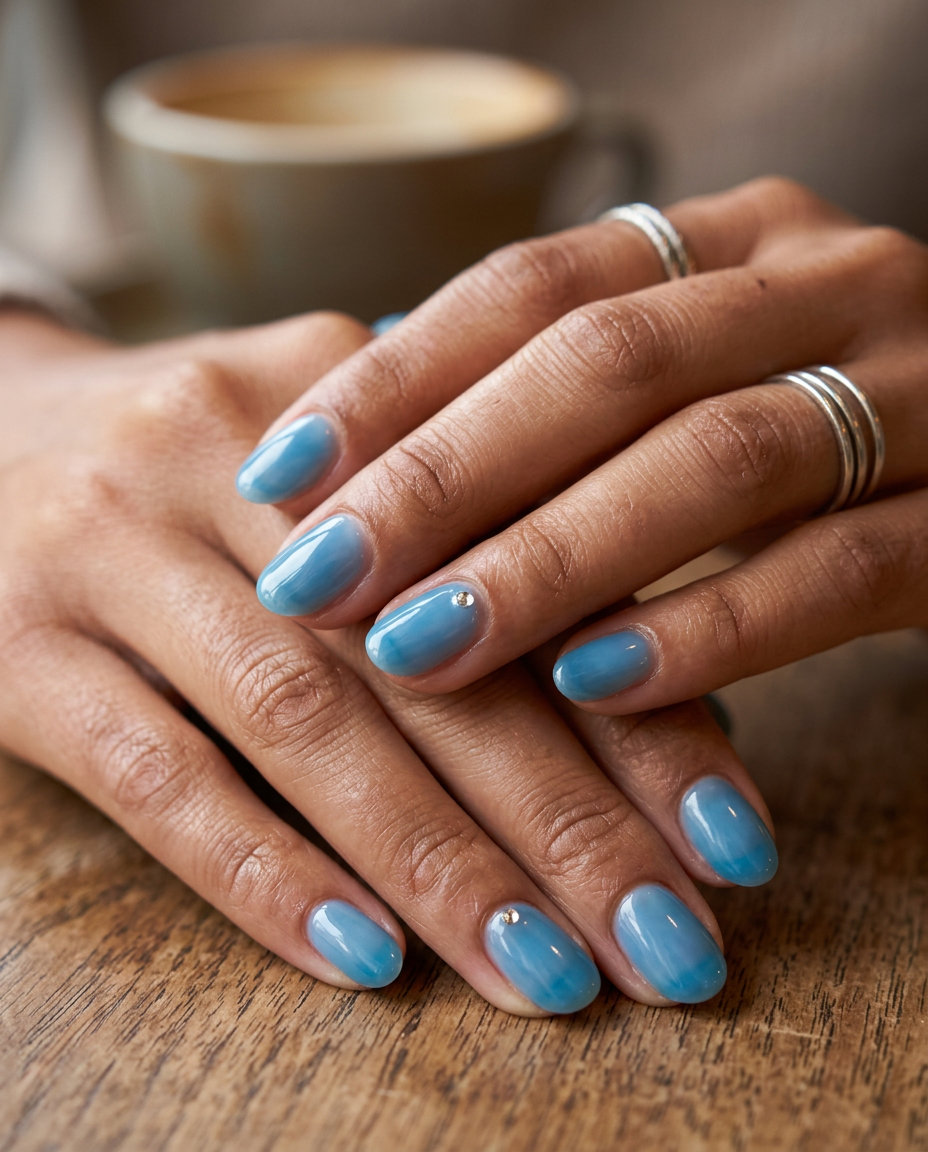 Whimsical Cerulean Blue Jelly Rhinestone Nails 2026 Short summer nail ideas 2026: Sheer cerulean blue jelly nails with rhinestone accent for vacation.
