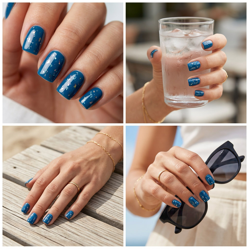Mystical Cosmic Blue Foil Flake Nails 2026 Short summer nail ideas 2026: Cosmic blue foil flakes nails for festivals and parties.
