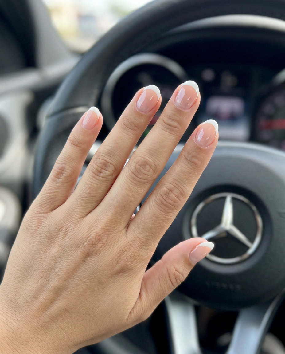 Jelly Glass French Nails 2026: Chic Work Style Cerulean blue jelly glass French short nails 2026: Clean, chic French tip with a transparent base for work.