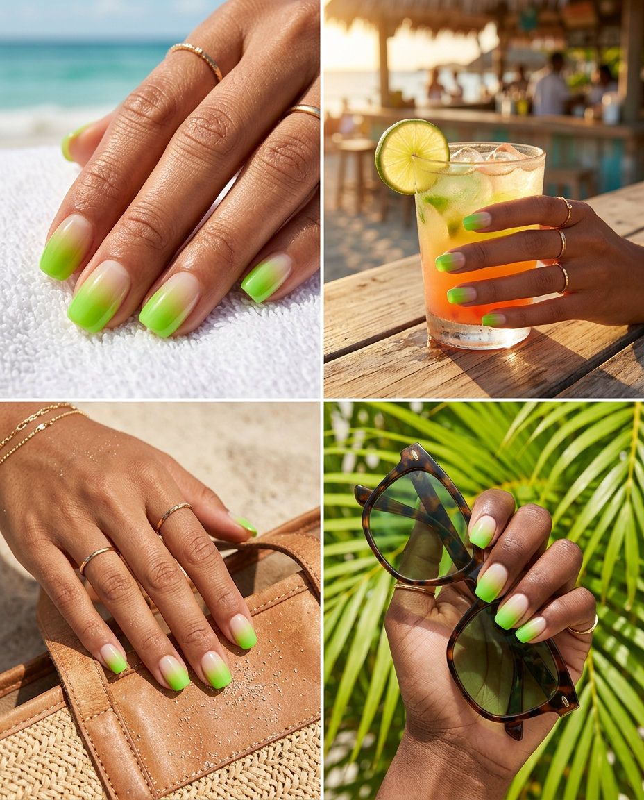 Lime Green Ombre Nails 2026: Festival Style Lime green airbrush ombre short nails 2026: Fresh gradient from nude to lime green for summer parties.