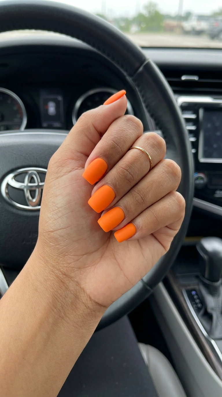 Matte Coral Nails 2026: Vacation Style Matte coral short nails 2026: Vibrant coral gel polish with a velvet matte finish on rounded nails for vacation.