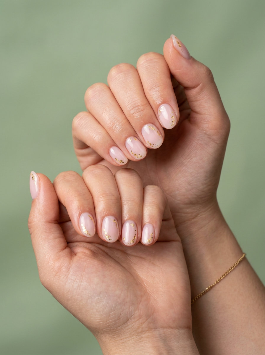 Delicate Milky Pink Gold Flake Nails 2026 Short summer nail ideas 2026: Milky pink milk bath nails with gold flakes for daily elegance.