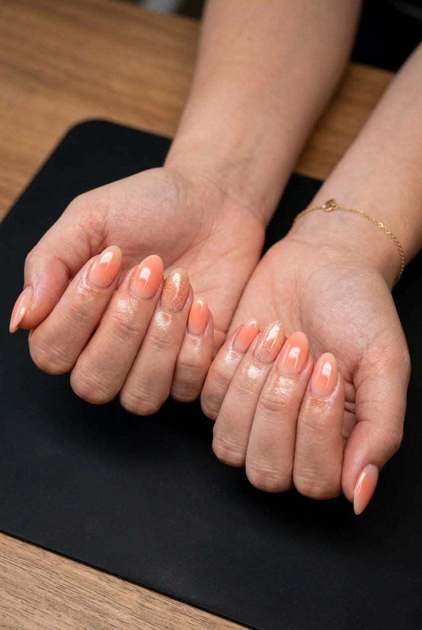Glamorous Peachy Keen Aura Glitter Nails 2026 Short summer nail ideas 2026: Peachy keen aura ombre glitter accent nails for summer evenings.