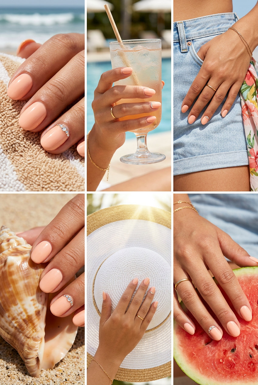 Peachy Keen Crystal Glam Nails 2026 Peachy Keen Crystal Cluster Glam nails are a sparkly short summer nail idea for 2026. Glamorous party look.