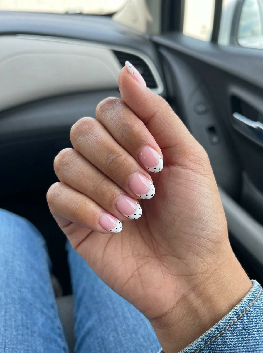 Pink French With Dots Nails 2026 Classic Pink French with Dots nails are a polished short summer nail idea for 2026. Whimsical accent.