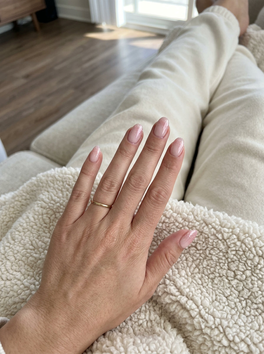 Pink Glitter Gradient Nails 2026 Sheer Pink Glitter Gradient Sparkle nails are an elegant short summer nail idea for 2026. Date night.