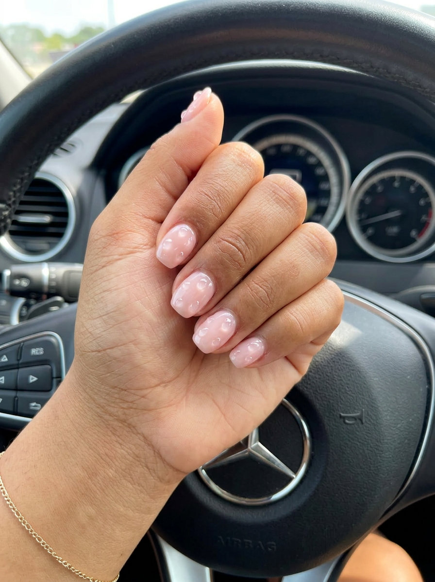 Sheer Pink Dew Drop Nails 2026 Sheer Pink 3D Dew Drops nails are a whimsical short summer nail idea for 2026. Ethereal bridal style.