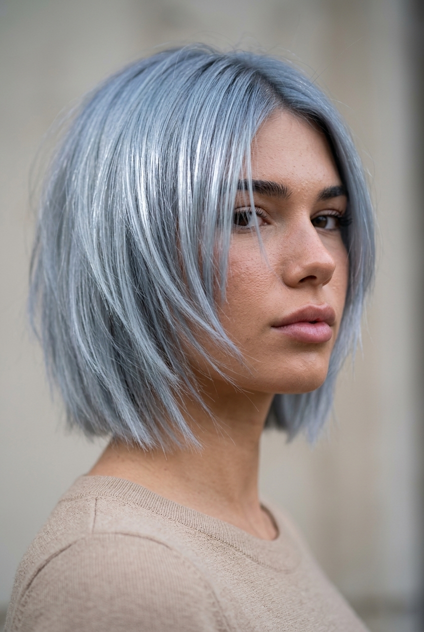 short silver-blue wolf bob with charcoal root and jagged face-framing