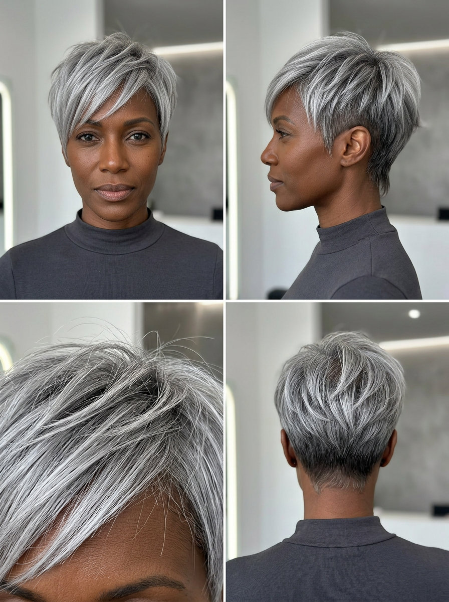 short pixie haircut with silver grey, herringbone highlights, piecey fringe — edgy confident