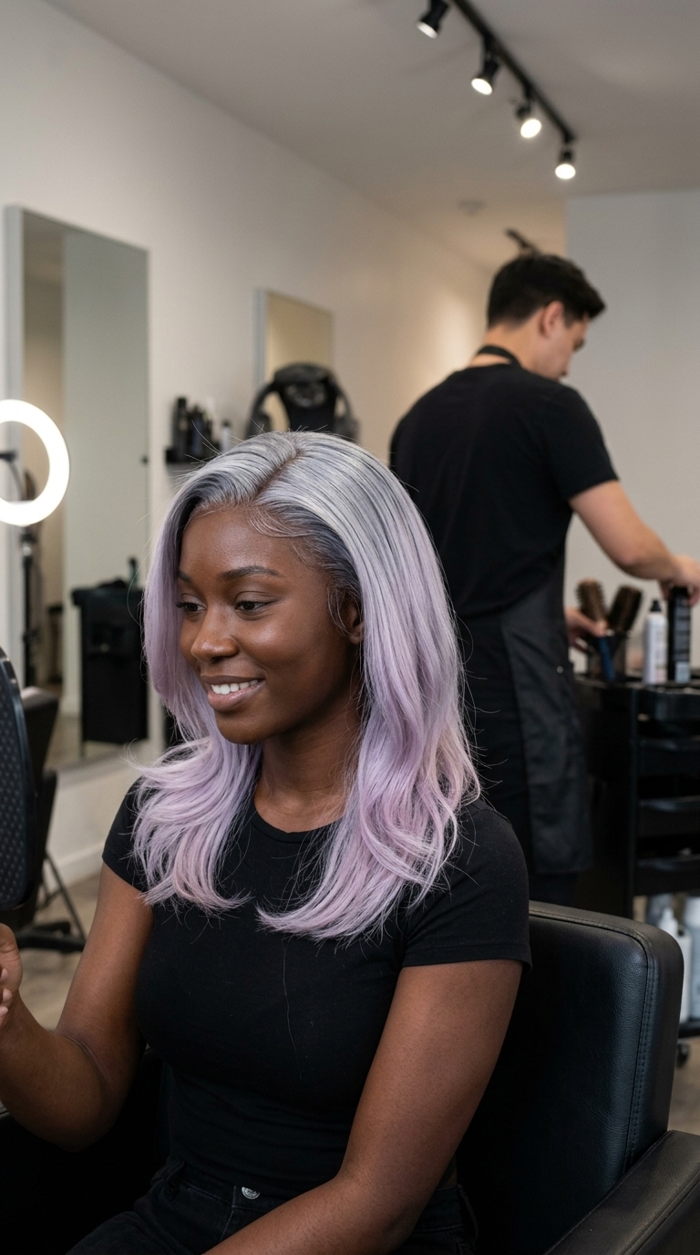 long layers silver lilac ombré with cool metallic silver, pastel lilac blend, ethereal mood