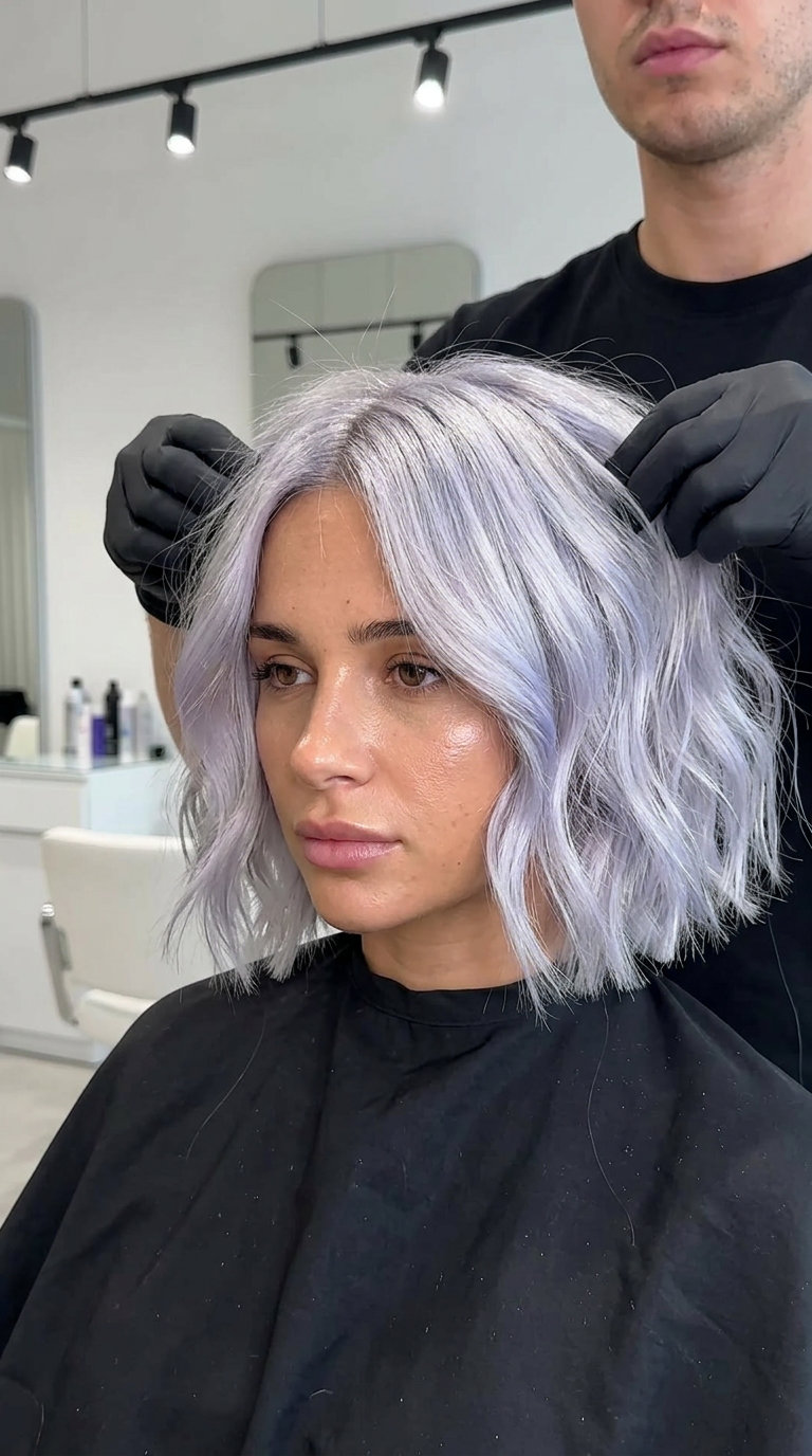 chin-length razor bob haircut in silver platinum blonde with violet-blue undertones, shattered ends, no fringe — edgy futuristic style