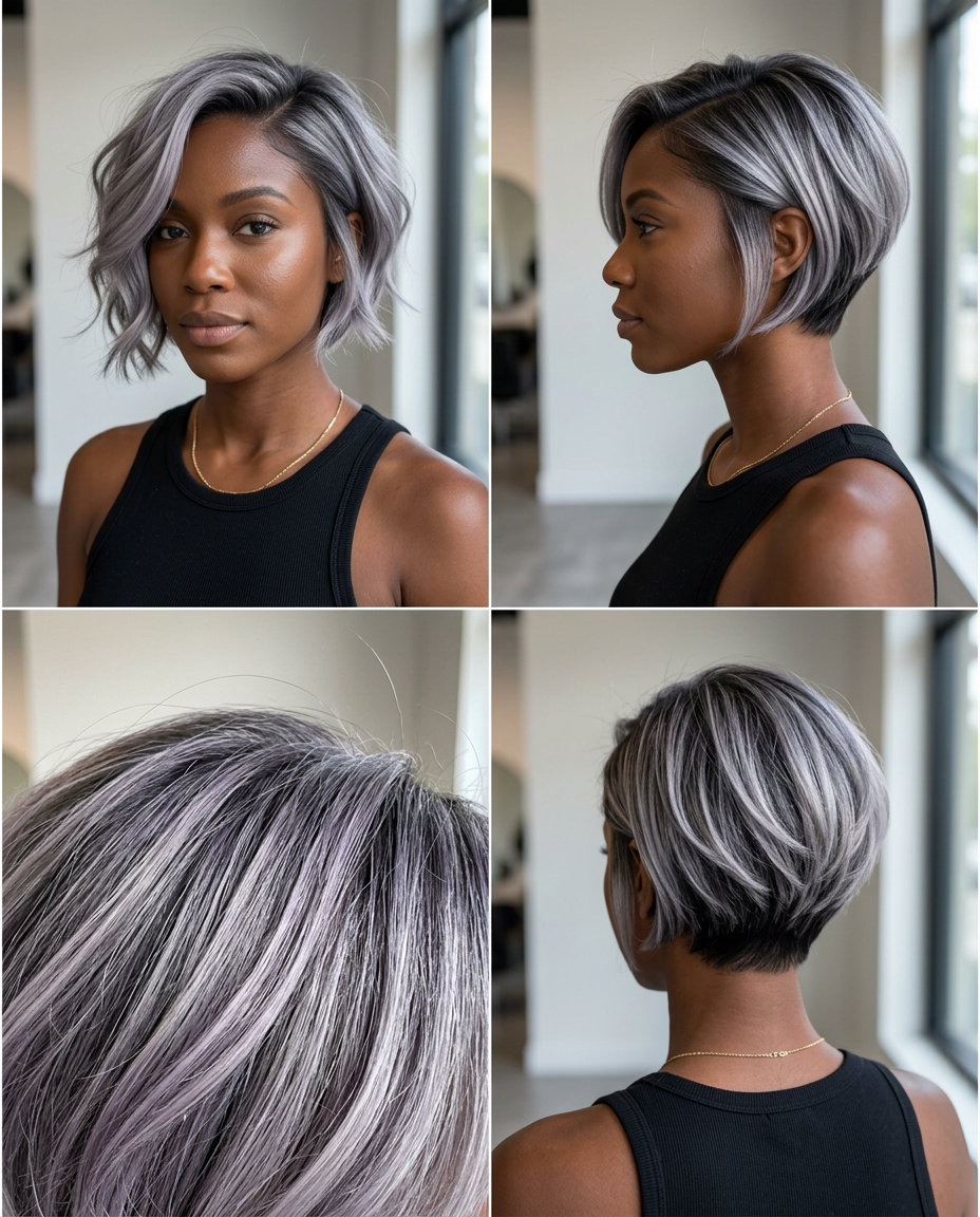 short silver bixie haircut with charcoal lowlights and subtle violet undertones for edgy looks