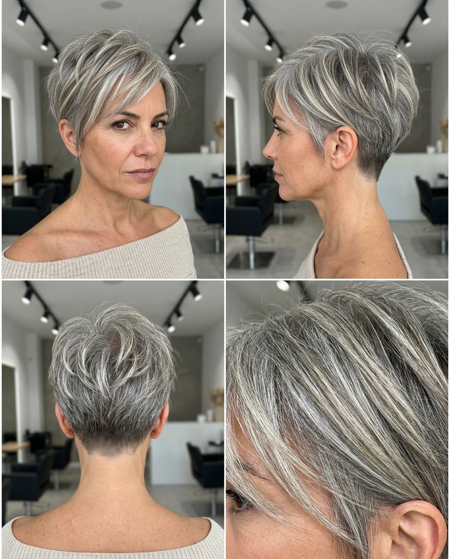 short silver pixie haircut with faded nape and textured crown layers for edgy style