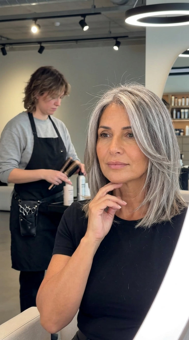 shoulder-length silver lob haircut with sculpted layers and side part — modern summer style