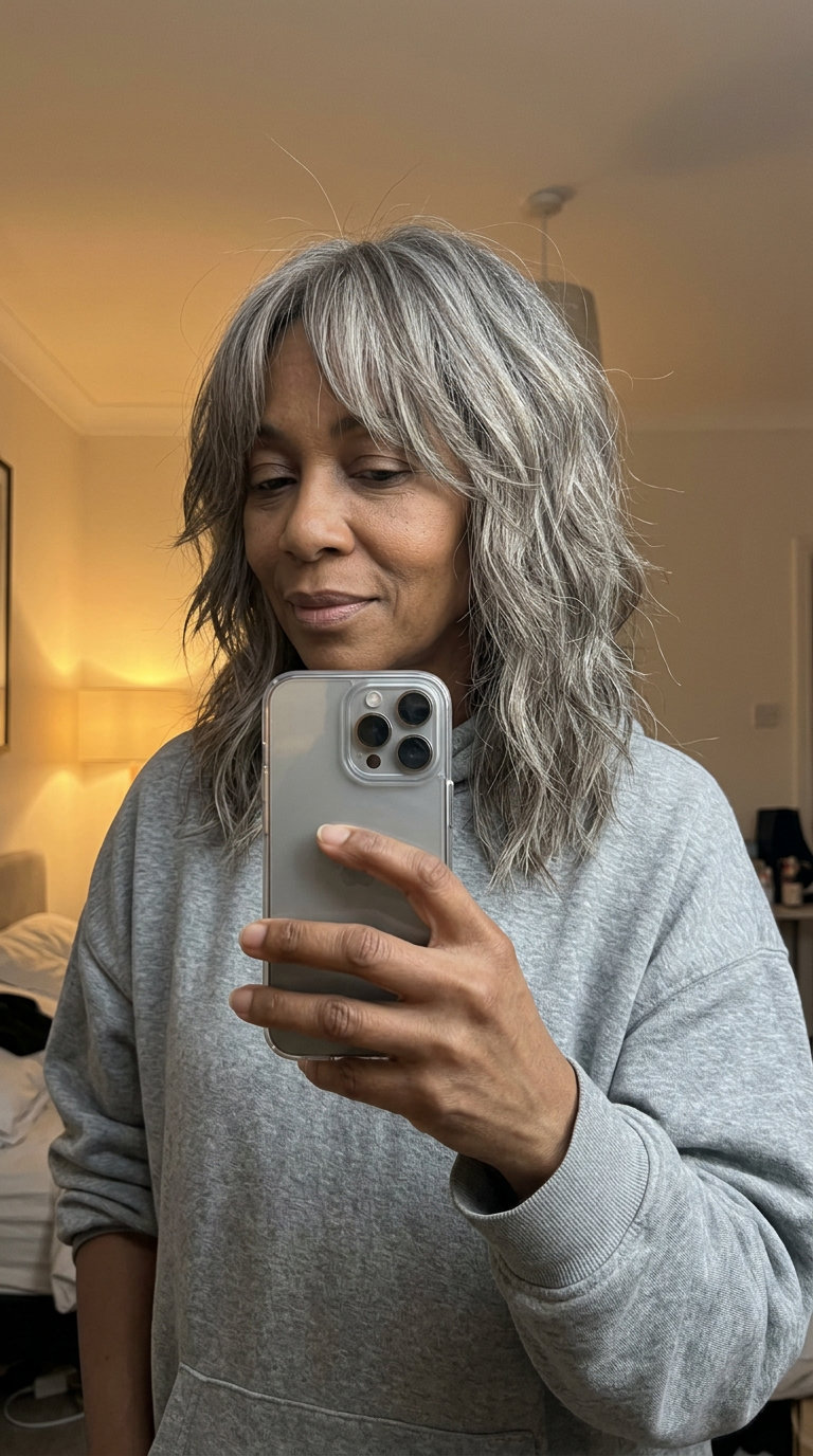 shoulder shag haircut with mushroom silver and ash lowlights, curtain bangs — edgy summer style